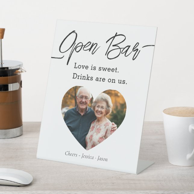 Modern Script Wedding Open Bar Photo Pedestal Sign (In SItu)