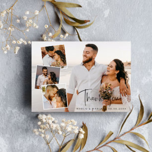 Modern Script Wedding Photo Collage Thank You Card