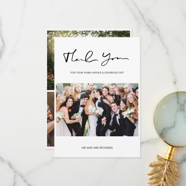 Modern Script Wedding Photo Collage Thank You Card (Front/Back In Situ)