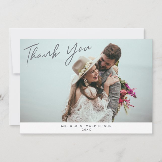 Modern Script Wedding Photo Flat Thank You Card (Front)