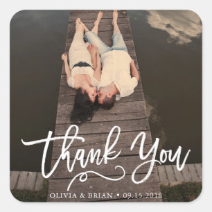 Modern Script Wedding Photo Thank You Square Sticker