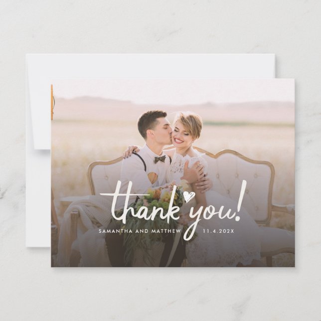 Modern Script Wedding Photos Thank You Card (Front)