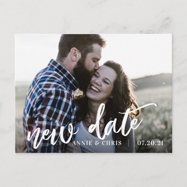 Modern Script Wedding Postponement Save New Date Announcement Postcard (Front)