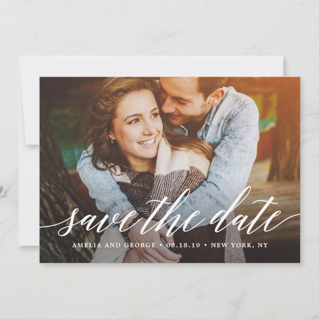 Modern Script Wedding Save The Date Card (Front)