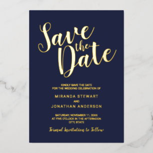 Modern Script Wedding Save the Date Navy and Gold