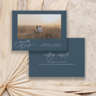Modern Script Wedding Website Navy Photo Save The Date
