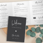 Modern Script Wedding Welcome Letter & Itinerary Tri-Fold Programme<br><div class="desc">Planning a destination wedding, or expecting lots of out of town guests? Share a welcome message for your wedding guests as well as an itinerary or schedule of the weekend's events, with this simple and elegant modern design featuring handwritten script accents. Personalise the inside with a personal welcome message and...</div>