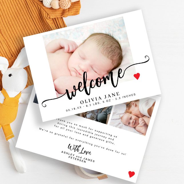 Modern script welcome new baby photo collage birth announcement (Creator Uploaded)