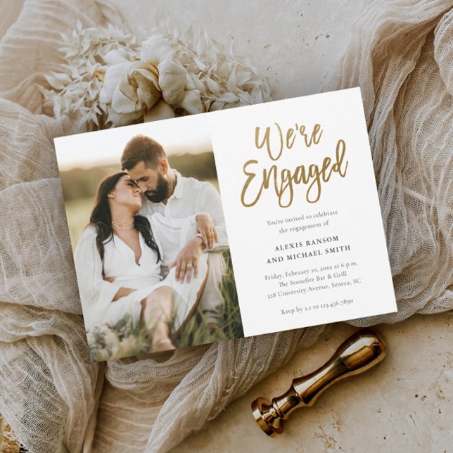 Modern Script We're Engaged Photo Engagement Party Invitation (Creator Uploaded)