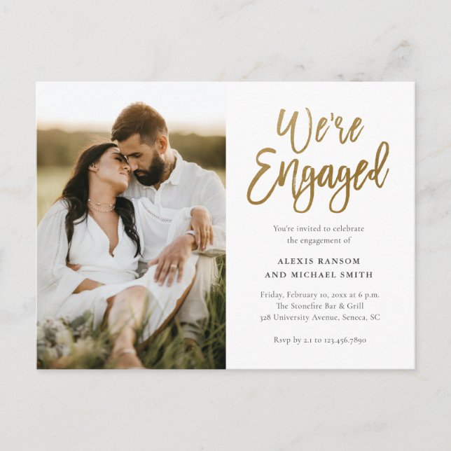 Modern Script We're Engaged Photo Engagement Party Invitation Postcard (Front)