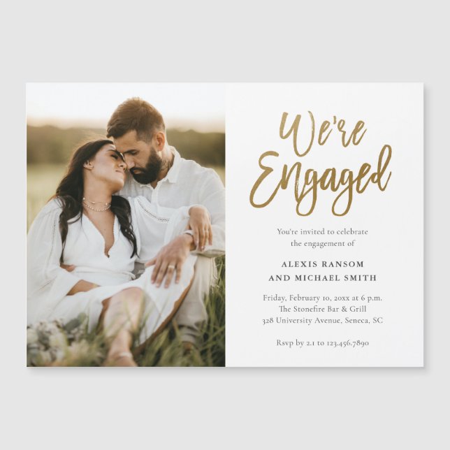 Modern Script We're Engaged Photo Engagement Party Magnetic Invitation (Front)