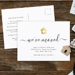 Modern Script We've Moved Gold Heart House Moving Announcement Postcard<br><div class="desc">We've moved! This elegant Change of Address card for your moving announcement shines with simplicity. Modern typography,  gorgeous calligraphy script,  and accented by a delicate heart house in printed gold.</div>
