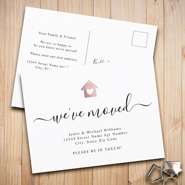 Modern Script We've Moved Rose Gold Home Moving Announcement Postcard (Creator Uploaded)