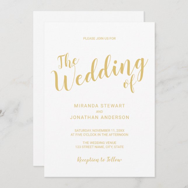 Modern Script White and Gold Wedding Invitation (Front/Back)