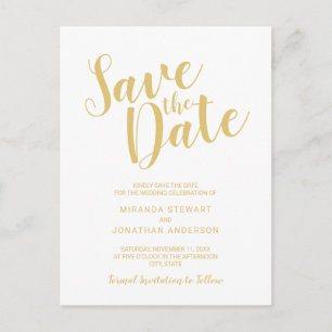 Modern Script White and Gold Wedding Save the Date Announcement Postcard