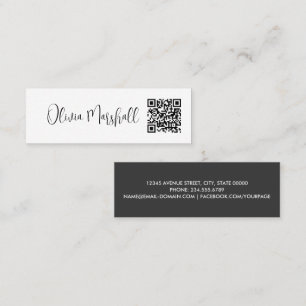 Modern Script White Black Minimalist QR CODE  Mini Business Card