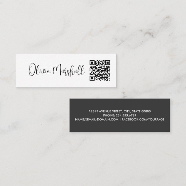 Modern Script White Black Minimalist QR CODE  Mini Business Card (Front/Back)