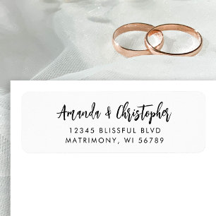 Modern Script White Black Wedding Return Address Label
