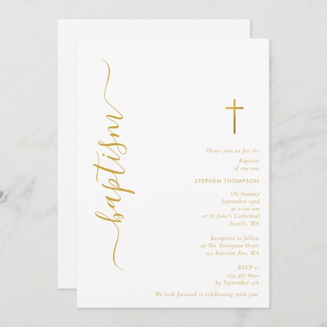 Modern Script White & Gold Christening Baptism Invitation (Front/Back)