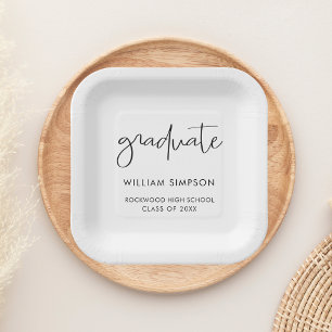 Modern Script White Graduation Paper Plates