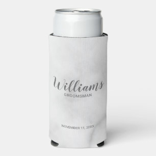 Modern Script White Marble Personalised Groomsmen Seltzer Can Cooler