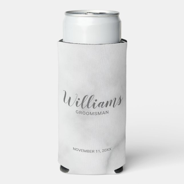 Modern Script White Marble Personalised Groomsmen Seltzer Can Cooler (Seltzer Front)