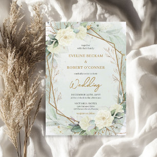 Modern script white roses eucalyptus wedding invitation