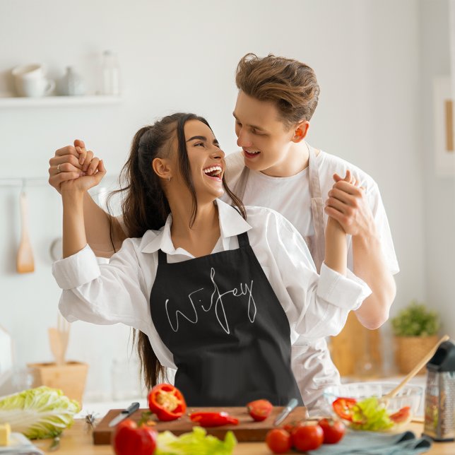 Modern Script Wifey Date White Black Apron (Creator Uploaded)
