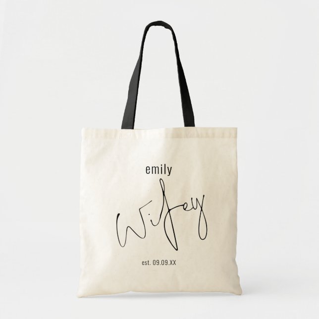 Modern Script Wifey Name Wedding Date Tote Bag (Front)