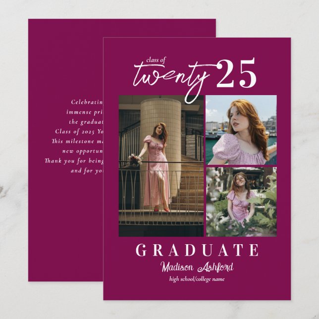Modern Script Wine 3 Photo Collage Graduation Announcement (Front/Back)
