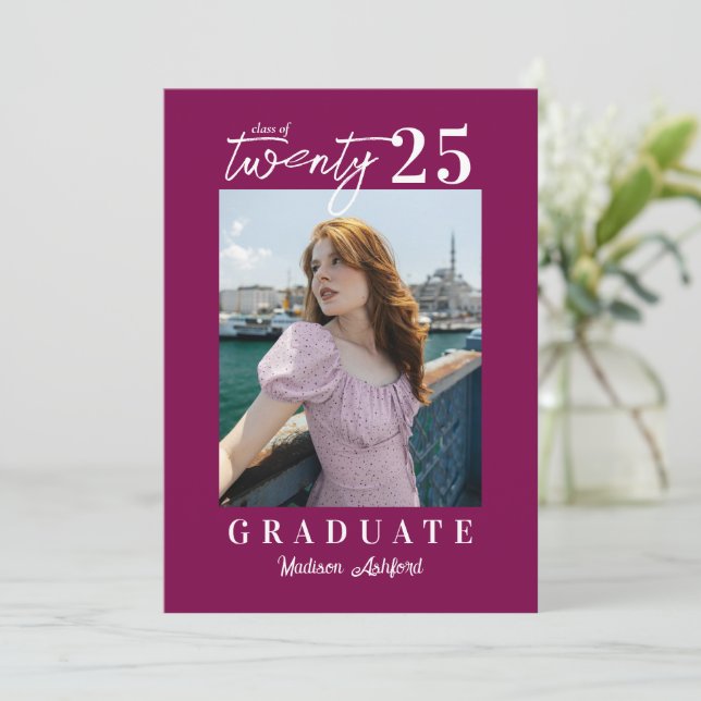 Modern Script Wine Photo Graduation Party Invitation (Standing Front)