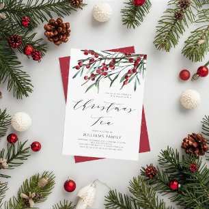 Modern Script Winter Berries Christmas Tea Invitation