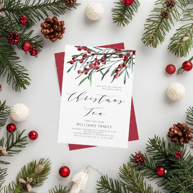 Modern Script Winter Berries Christmas Tea Invitation (Creator Uploaded)