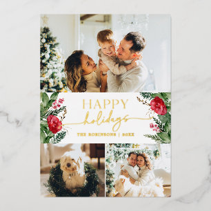 Modern Script Winter Botanical 3 Photo Gold Foil Holiday Card