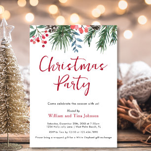 Modern Script Winter Holly Berries Christmas Party Invitation