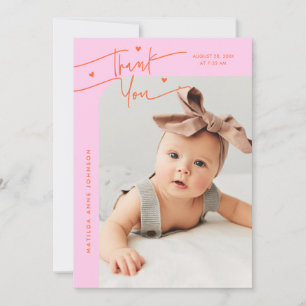 Modern Script with Heart Pink Orange Photo Birth Announcement