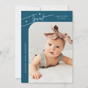 Modern Script with Heart Teal Photo Birth Announcement