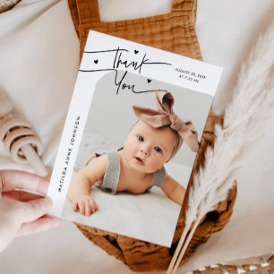 Modern Script with Heart White Photo Birth Announcement