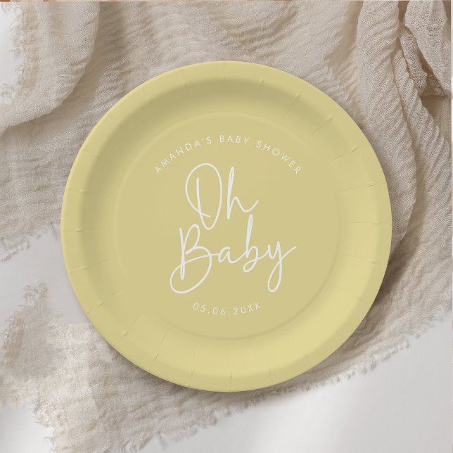 Modern Script Yellow Oh Baby Simple Baby Shower Paper Plate (Creator Uploaded)