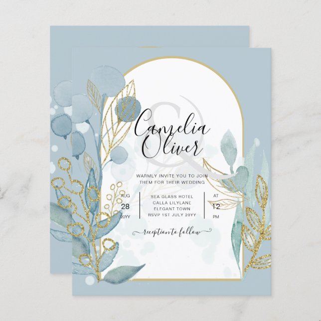 Modern Sea Glass Aqua Gold Leaves Wedding Invite (Front/Back)