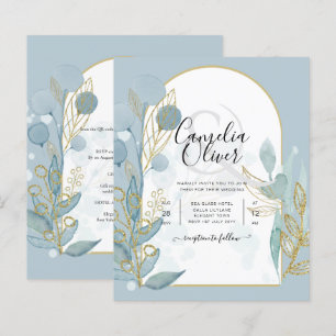Modern Sea Glass Aqua Gold Leaves Wedding Invite