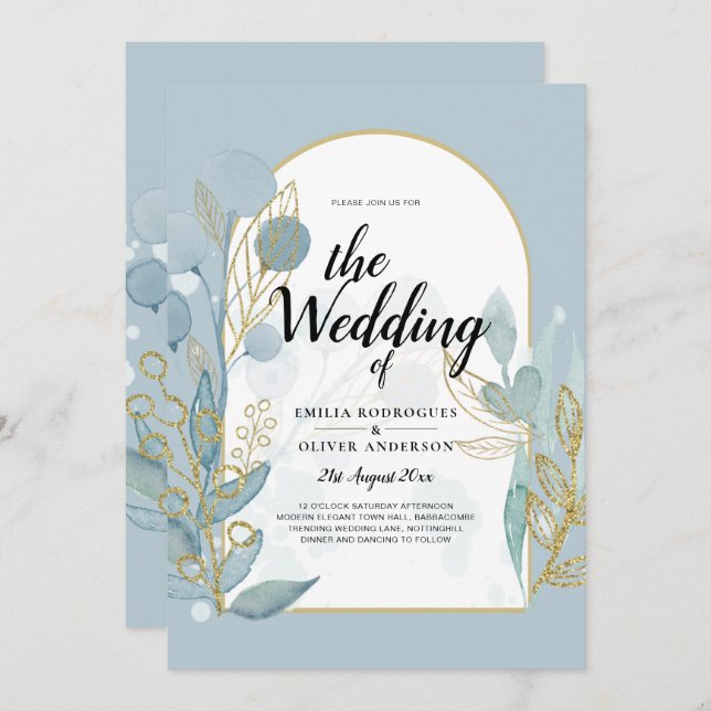 Modern Sea Glass Aqua Gold Leaves Wedding Invite (Front/Back)