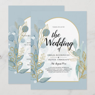 Modern Sea Glass Aqua Gold Leaves Wedding Invite
