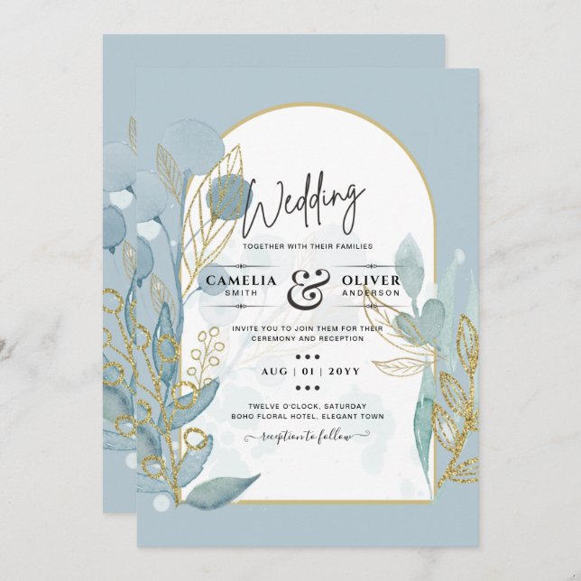 Modern Sea Glass Aqua Gold Leaves Wedding Invite (Front/Back)