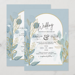 Modern Sea Glass Aqua Gold Leaves Wedding Invite