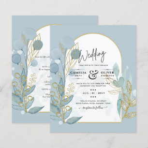 Modern Sea Glass Aqua Gold Leaves Wedding Invite