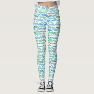 Modern Sea Glass Beach Wave Pattern Watercolor Art Leggings