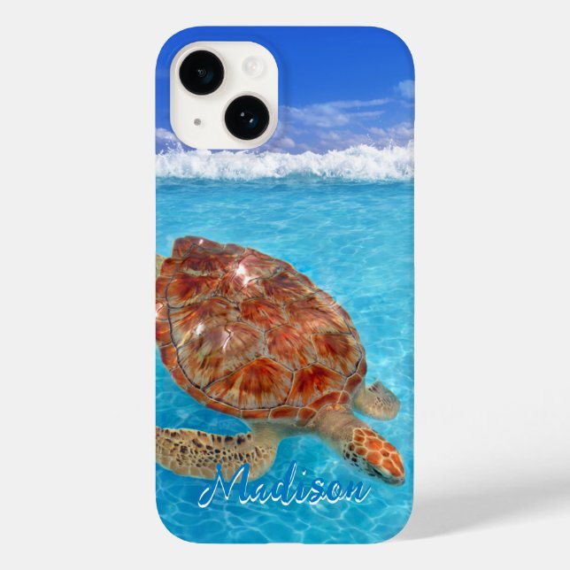 Modern Sea Turtle Blue Beach Personalised     Case-Mate iPhone Case (Back)
