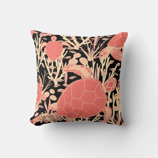 Modern Sea Turtle Pink Black Pattern Cushion (Front)