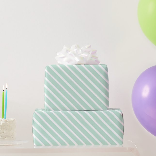 Modern seafoam mint green white oblique stripes wrapping paper (Party Gifts)